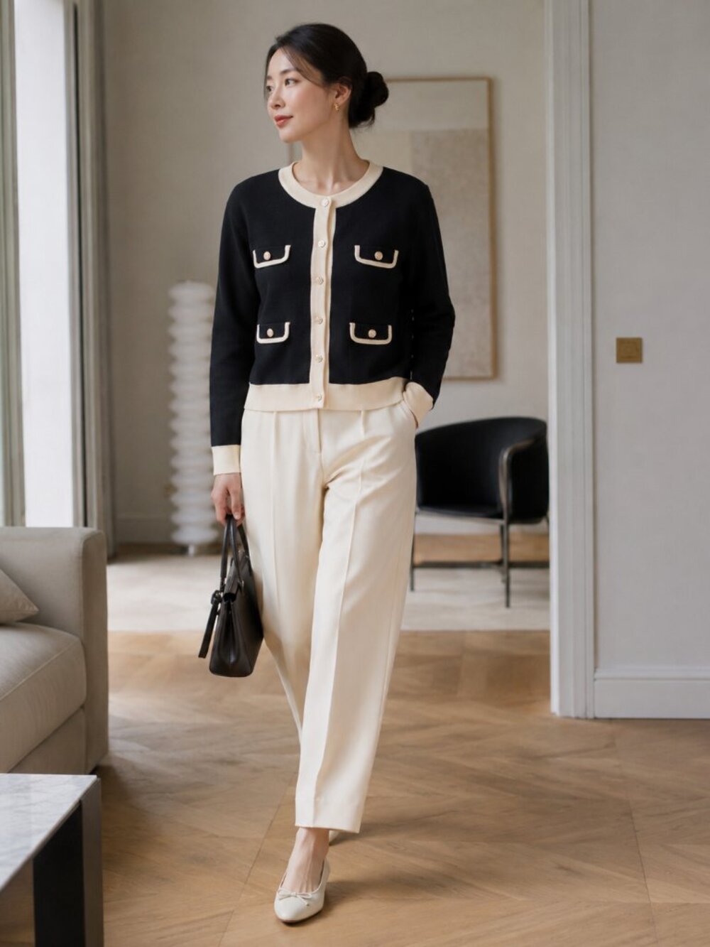 Sandro Womens Black/cream Two Tone Murcie Cardigan Size 3/L